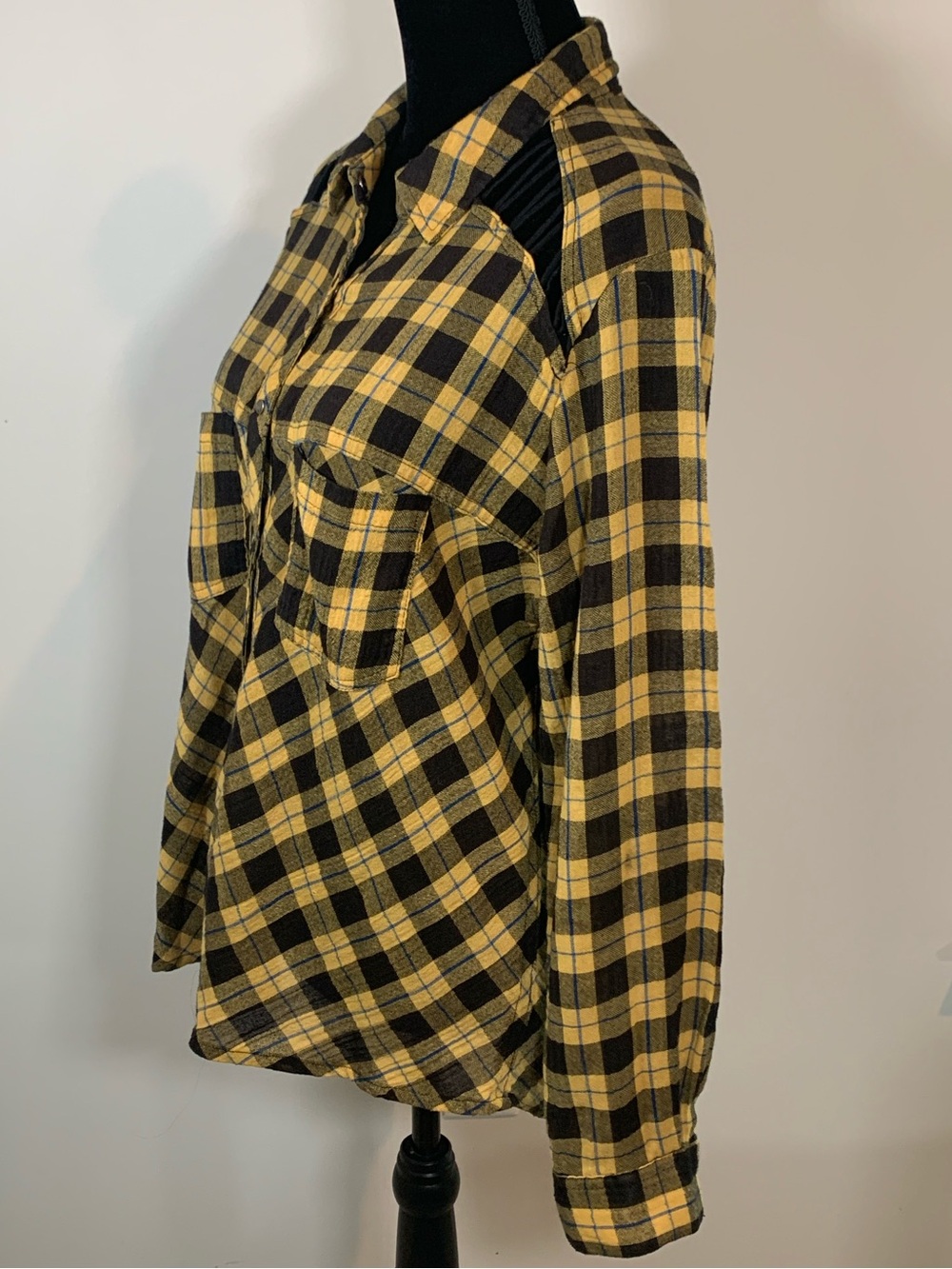 Free People Yellow Plaid Snap-Down Lace-Up Shoulders Boho Flannel Shirt Medium - Picture 3 of 13